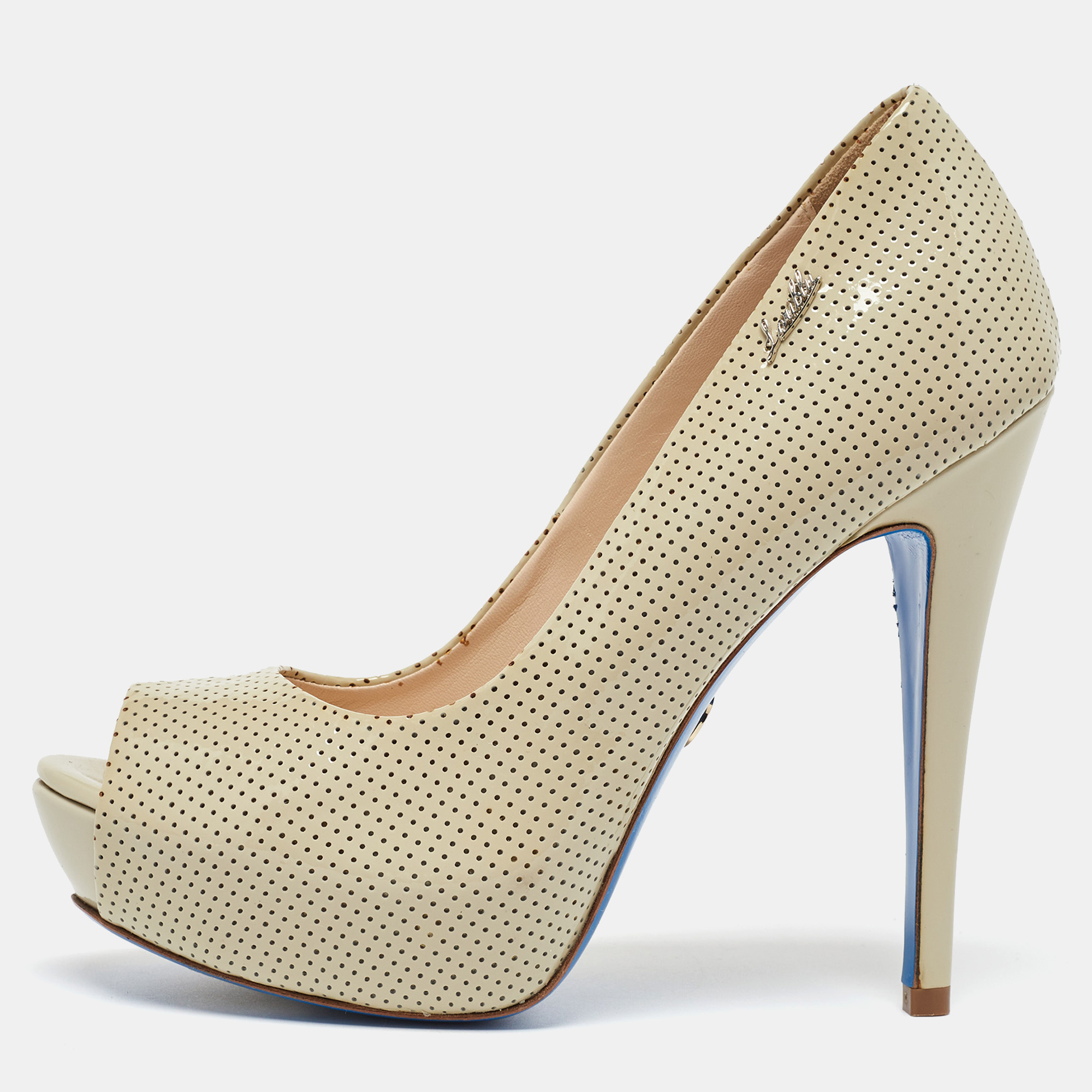 

Loriblu Beige Perforated Patent Leather Peep Toe Platform Pumps Size