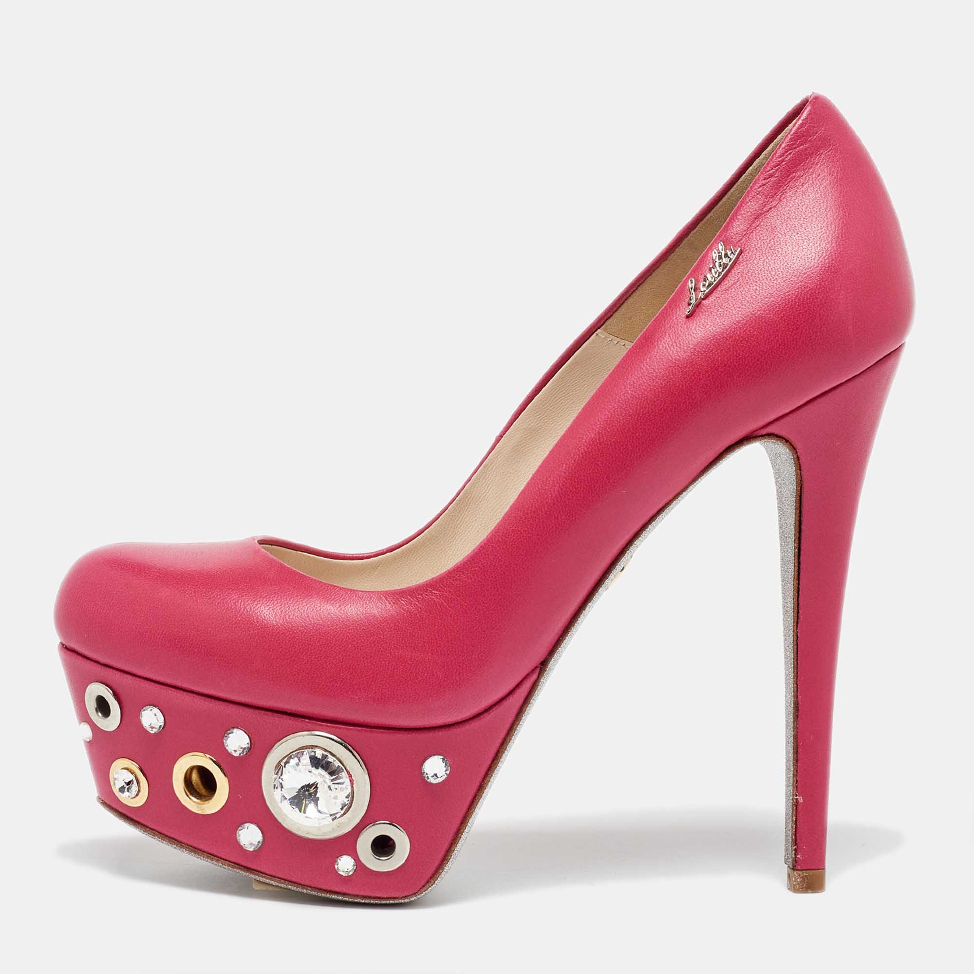 

Loriblu Pink Leather Crystal Embellished Platform Pumps Size