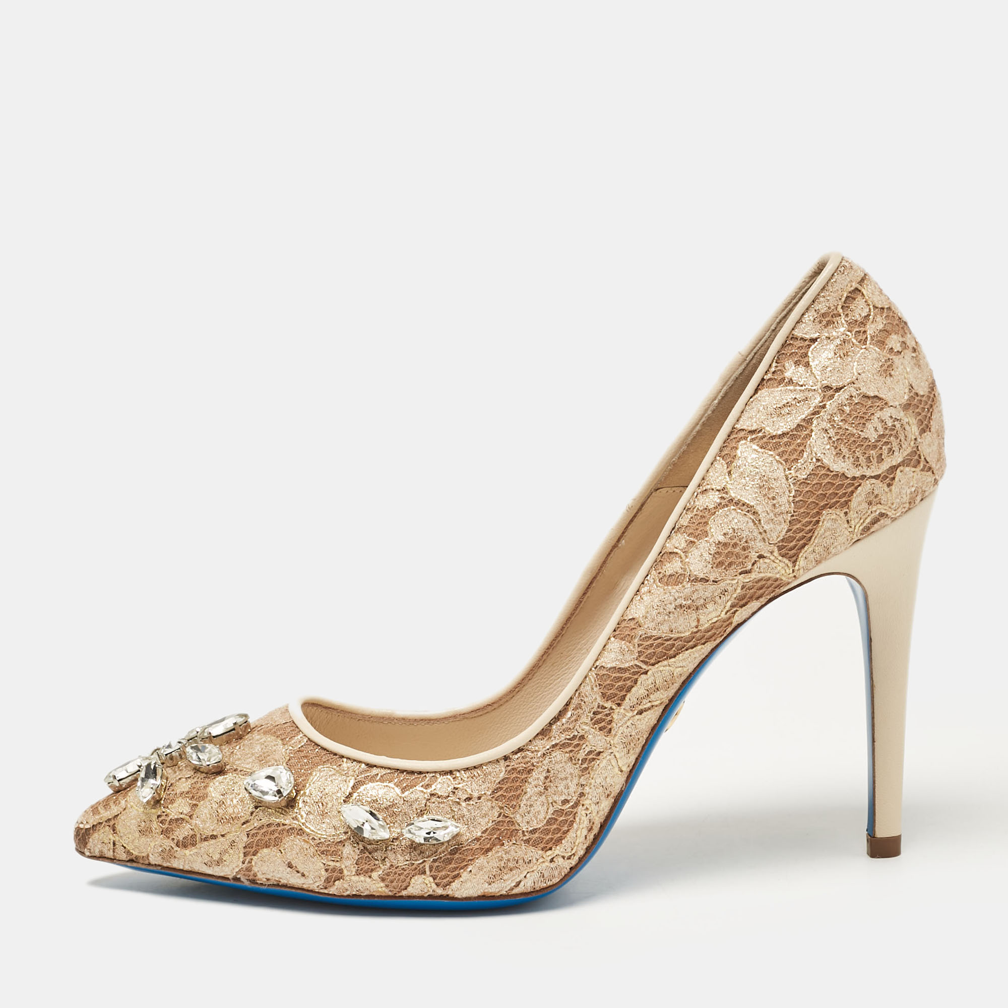 

Loriblu Beige Lace and Mesh Crystal Embellished Pointed Toe Pumps Size