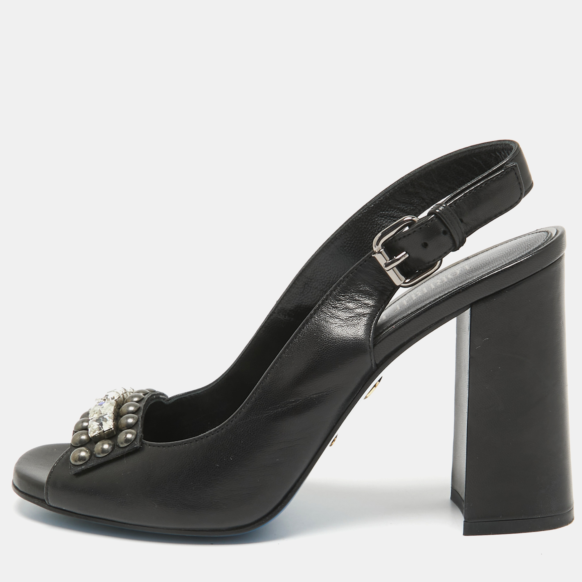 

Loriblu Black Leather Crystal Embellished Peep Toe Slingback Pumps Size