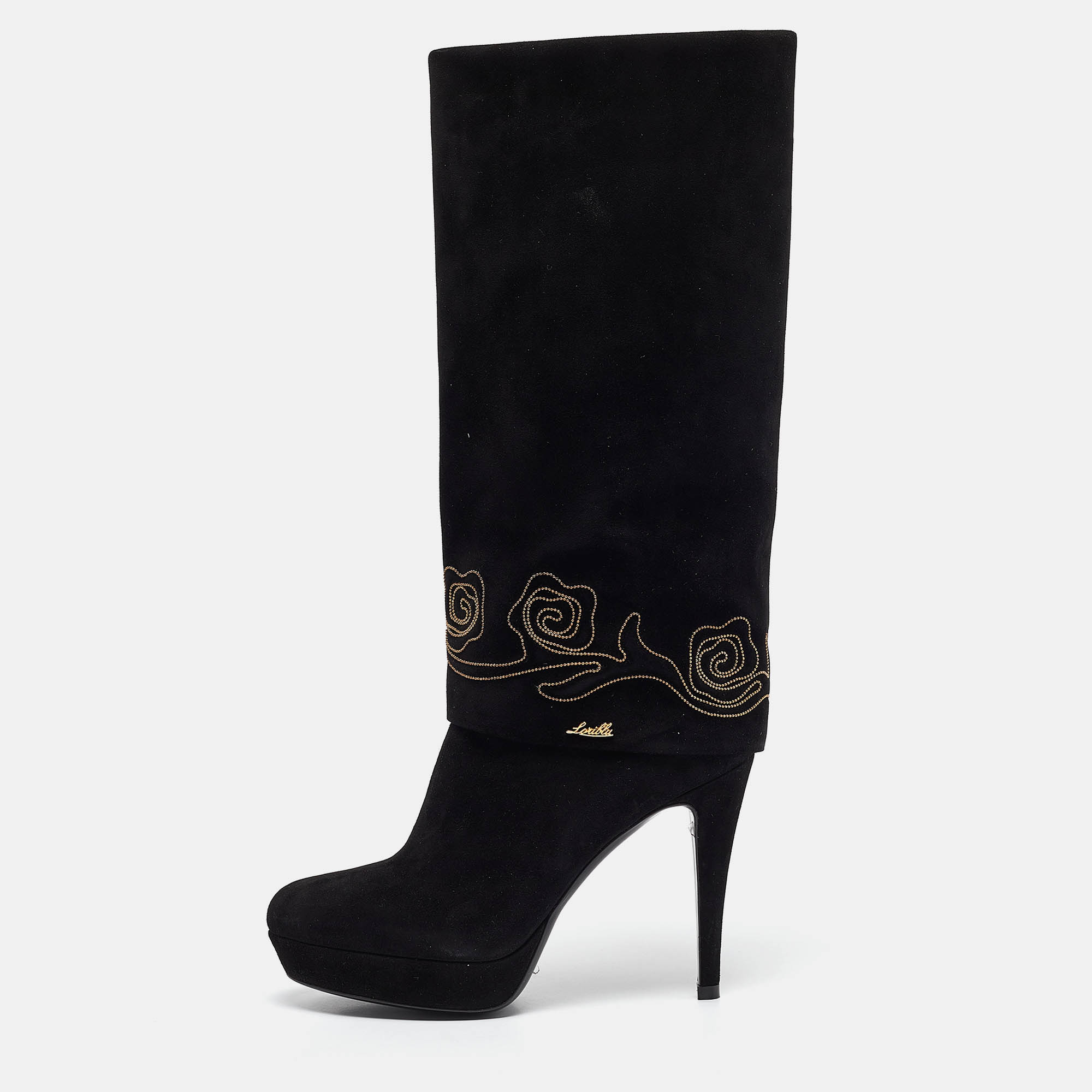 

Loriblu Black Suede Cuff Embroidered Knee Length Boots Size