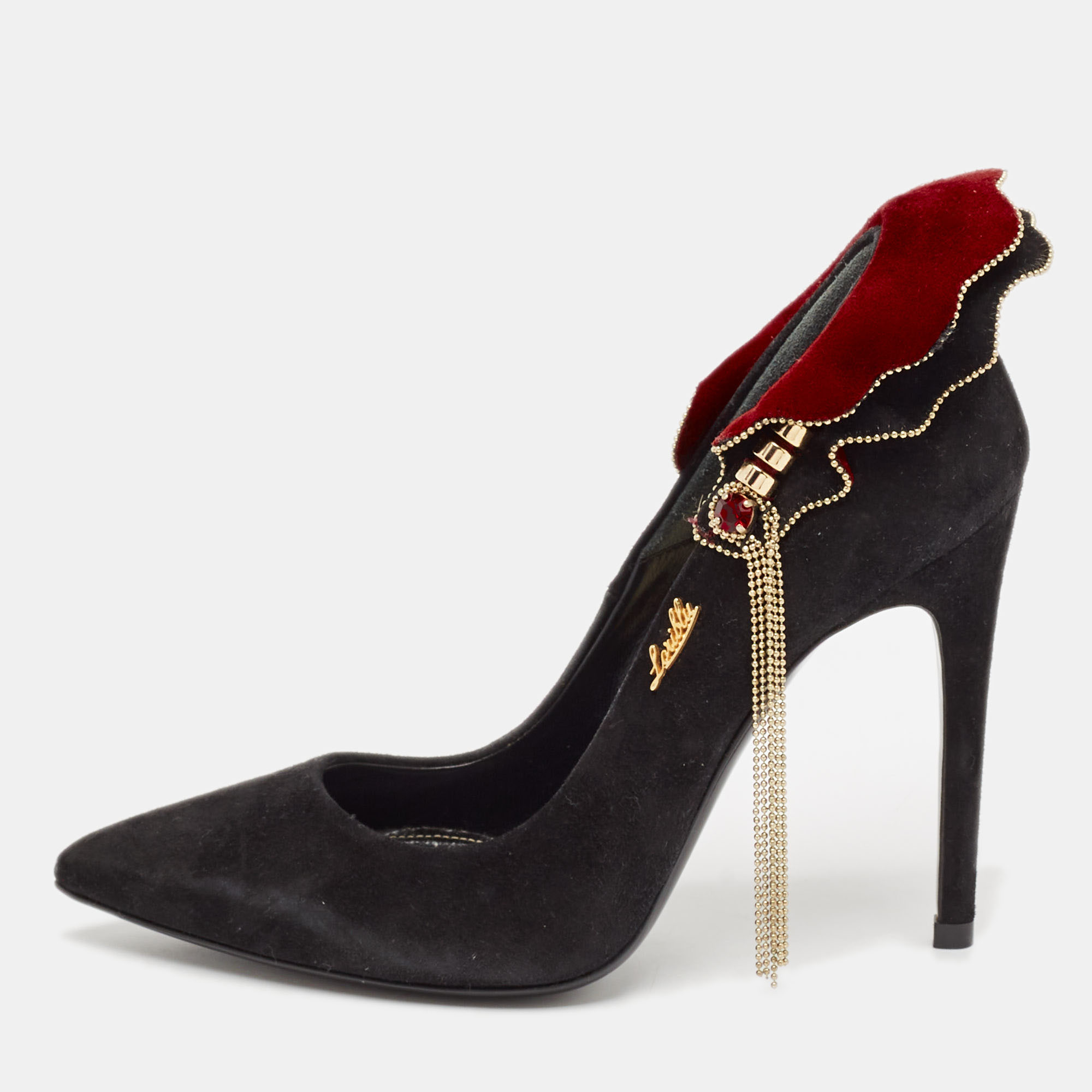 

Loriblu Black/Burgundy Suede Embellished Peep Toe Pumps Size