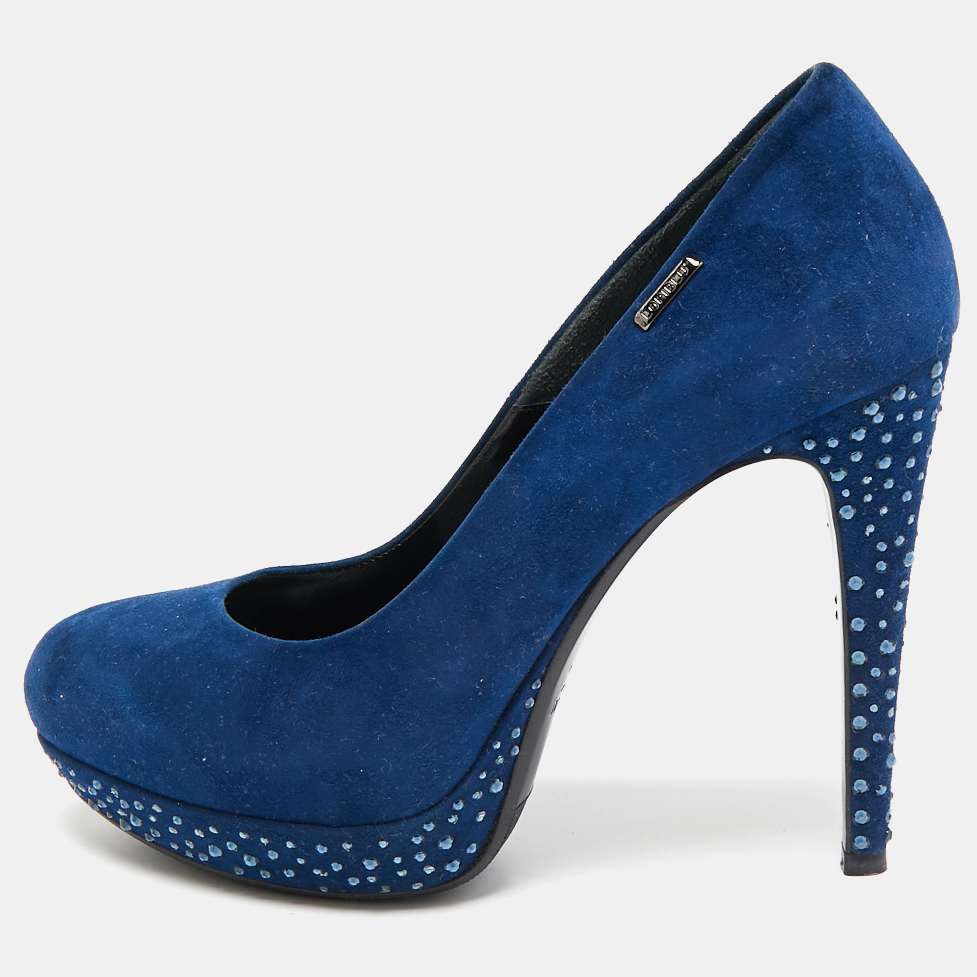 

Loriblu Blue Suede Crystal Embellished Round Toe Pumps Size