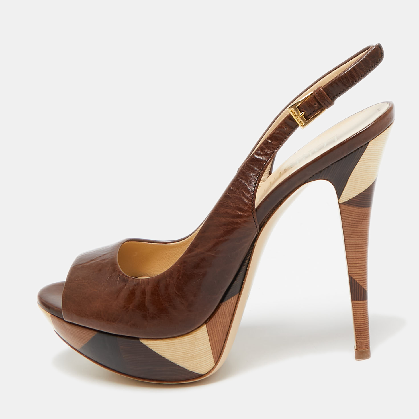 

Loriblu Brown Leather Peep Toe Slingback Pumps Size