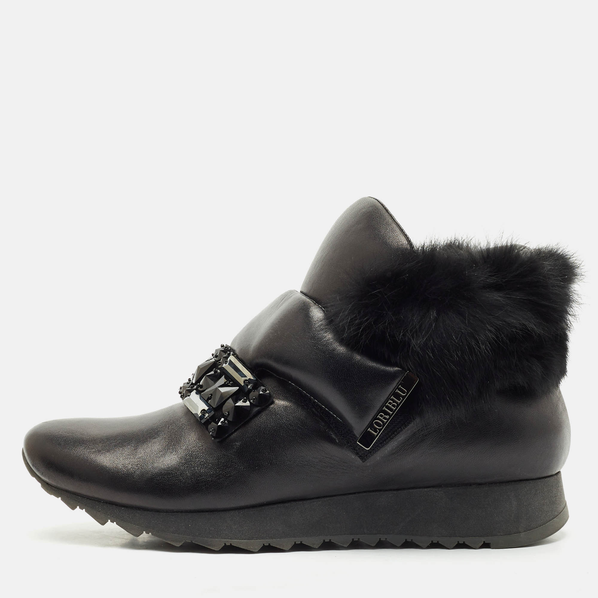 

Loriblu Black Faux Fur and Leather Crystals Embellished Sneakers Size