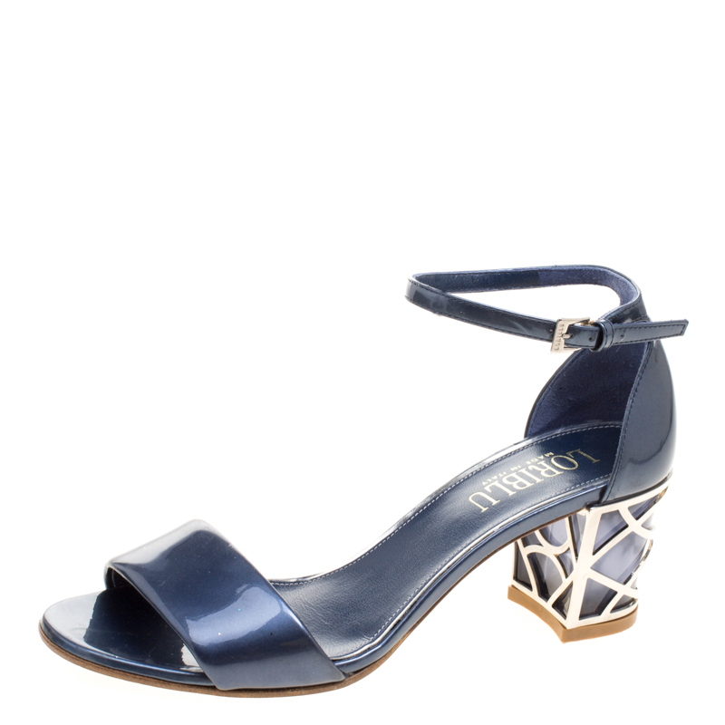 Loriblu Slate Blue Patent Leather Ankle Strap Sandals Size 37.5