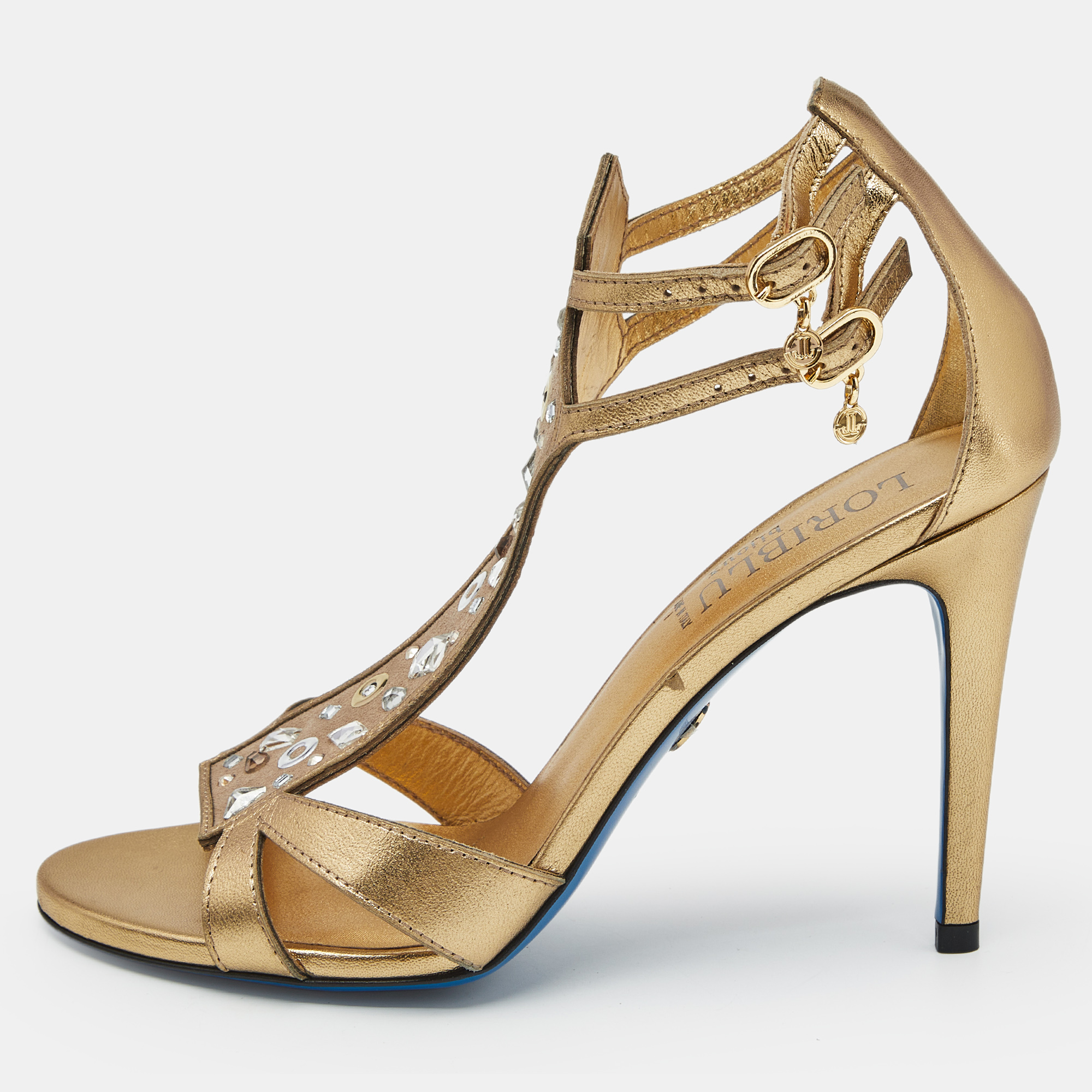 

Loriblu Gold Leather Crystal Embellished Ankle Strap Sandals Size