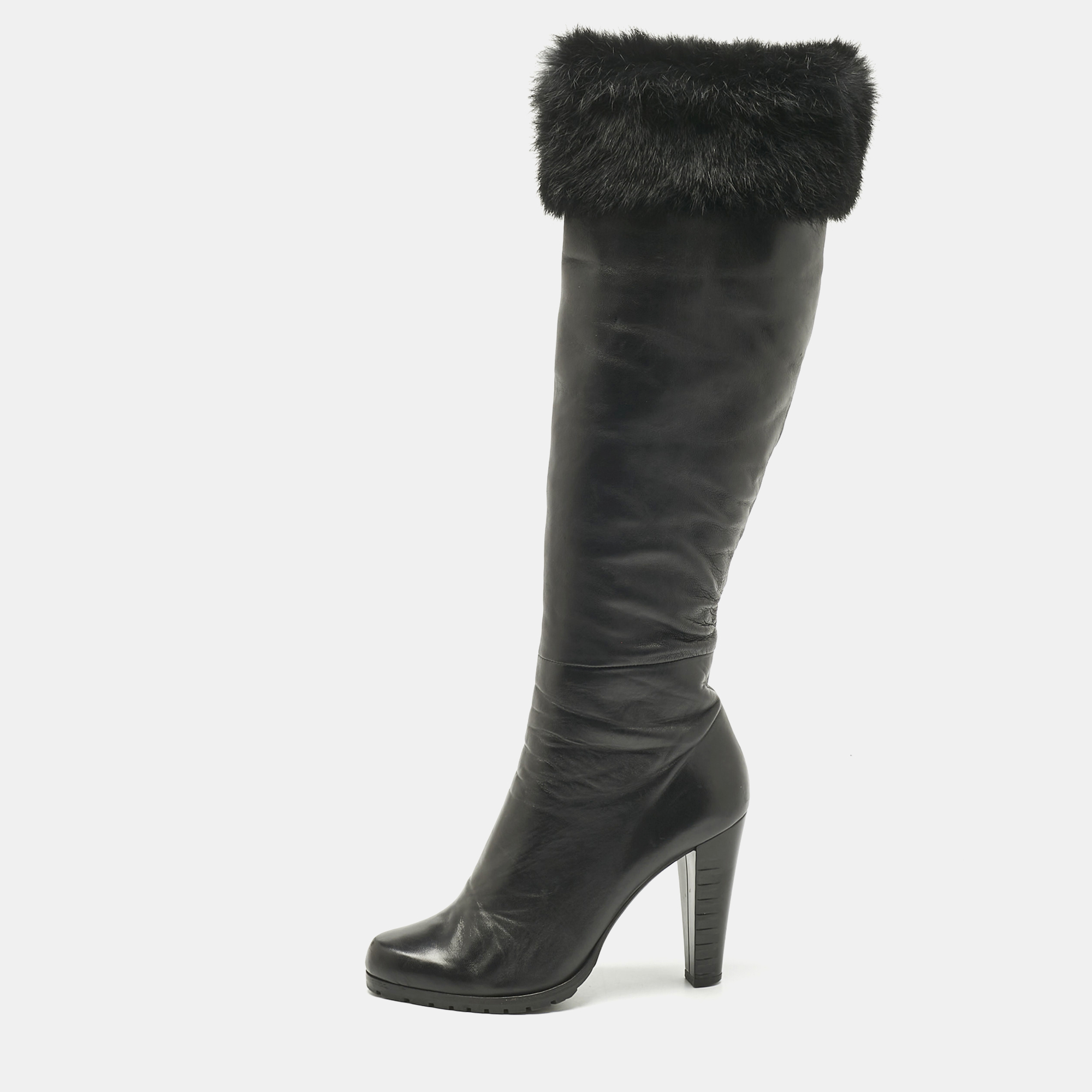 

Loriblu Black Rabbit Fur and Leather Knee Length Boots Size