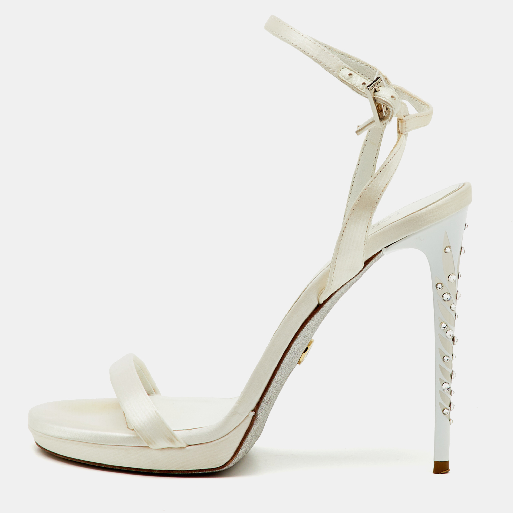 

Loriblu White Satin Crystal Embellished Heel Ankle Strap Sandals Size