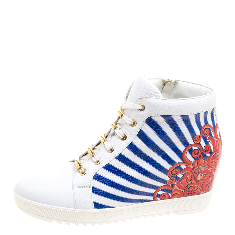 

Loriblu White Painted Leather Wedge Sneakers Size, Multicolor