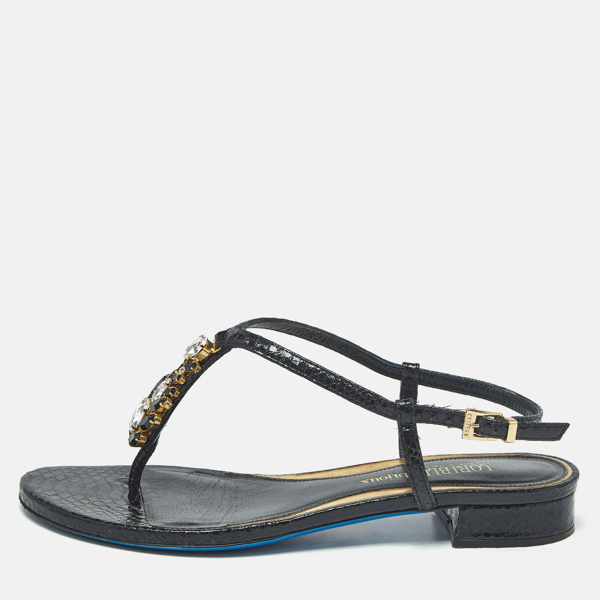 Pre-owned Loriblu Black Python Embossed Leather Crystal Embellish Thong Flats Sandals Size 38.5