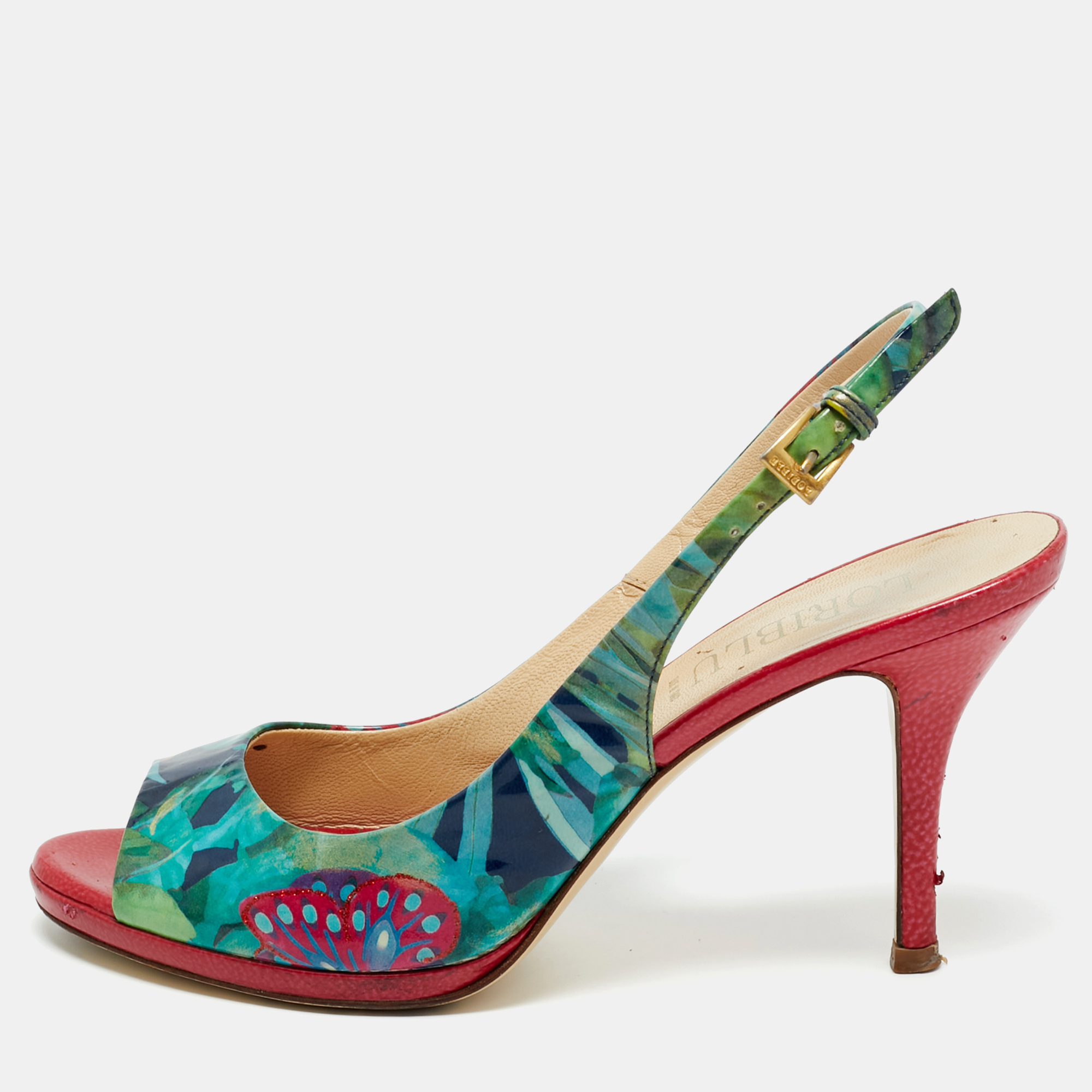 

Loriblu Multicolor Patent Leather Printed Flower Peep Toe Slingback Pumps Size
