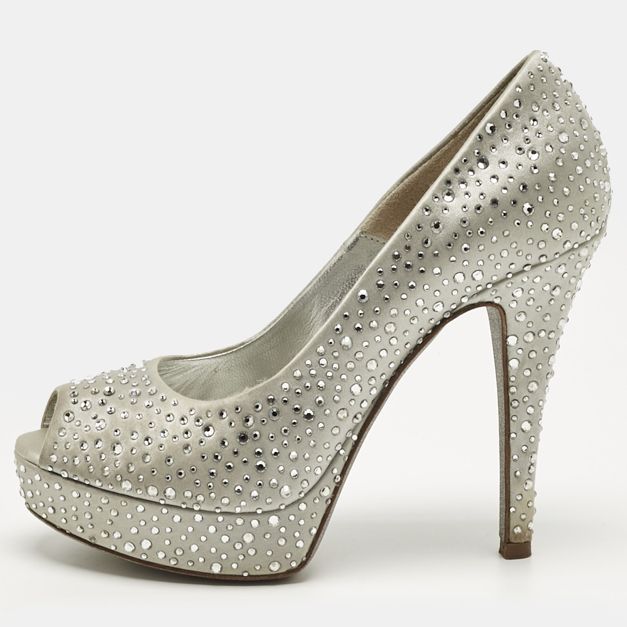 

Loriblu Silver Satin Crystal Embellish Peep Toe Pumps Size