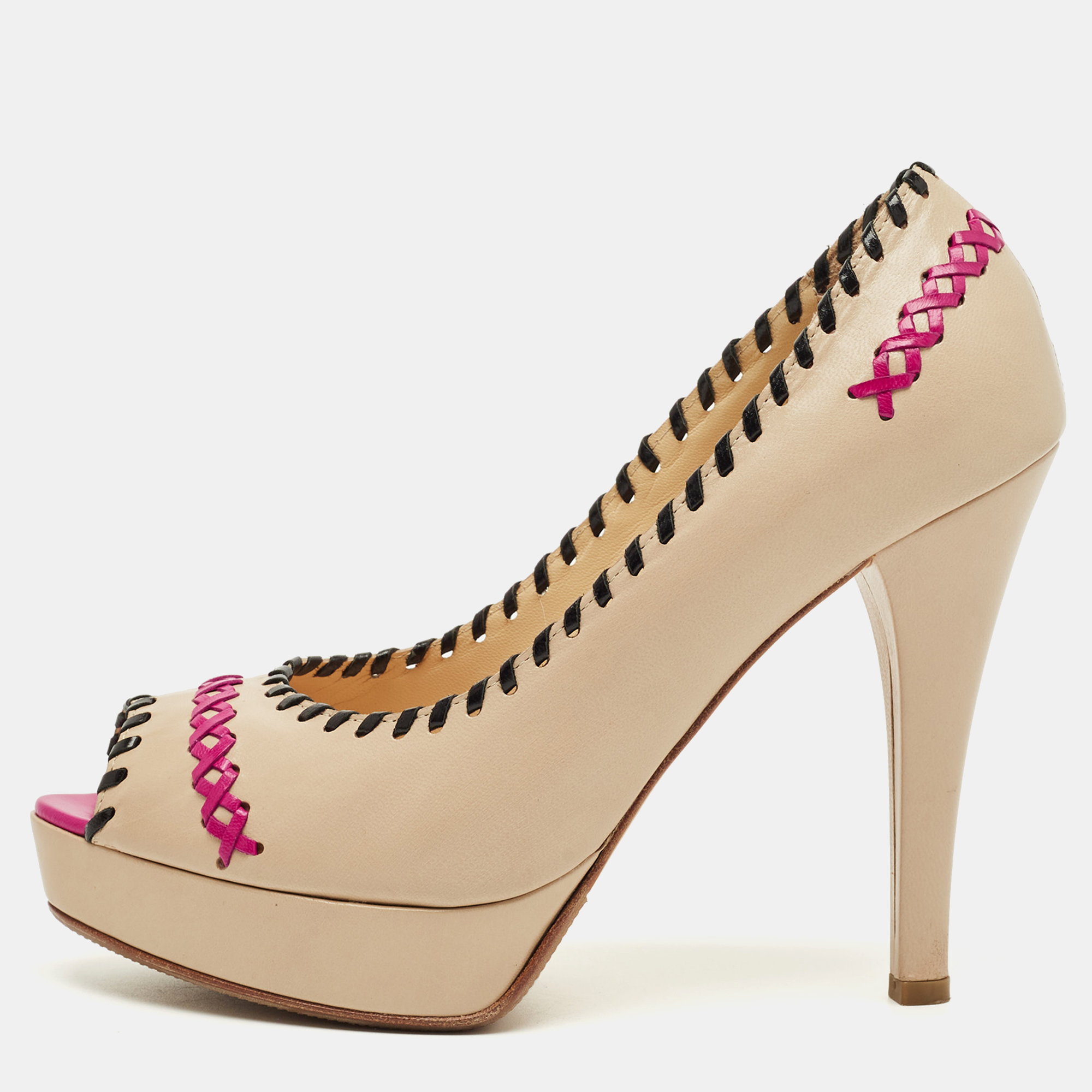 

Loriblu Beige Leather Peep Toe Colorblock Pumps Size
