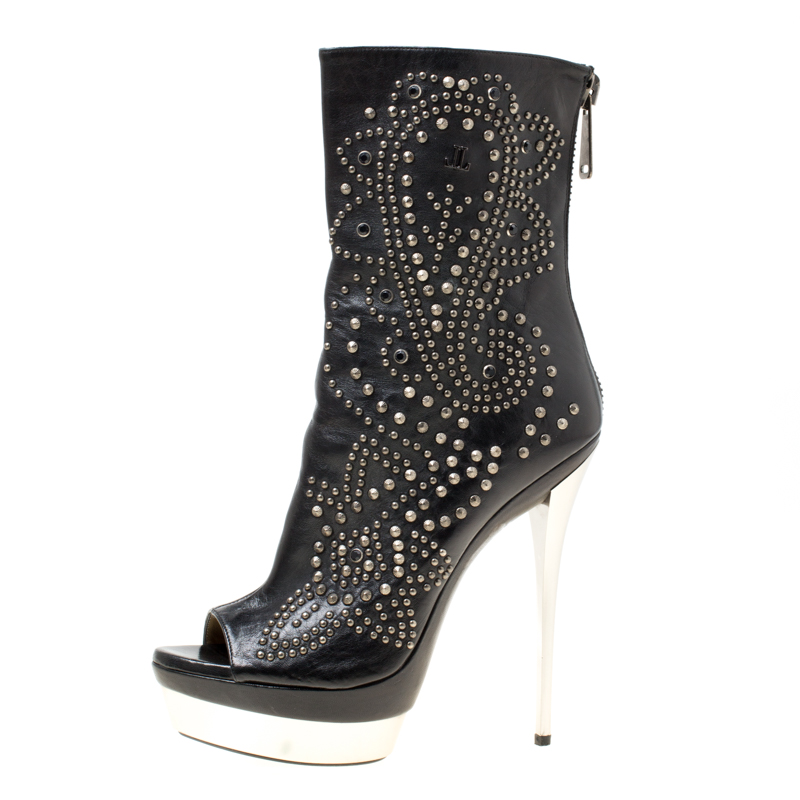 

Loriblu Black Leather Studded Peep Toe Platform Boots Size