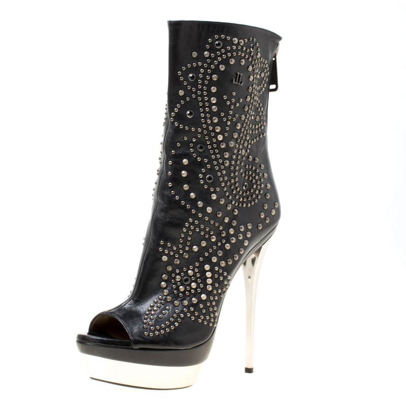 Pre Owned Loriblu Black Leather Studded Peep Toe Platform Boots Size 39