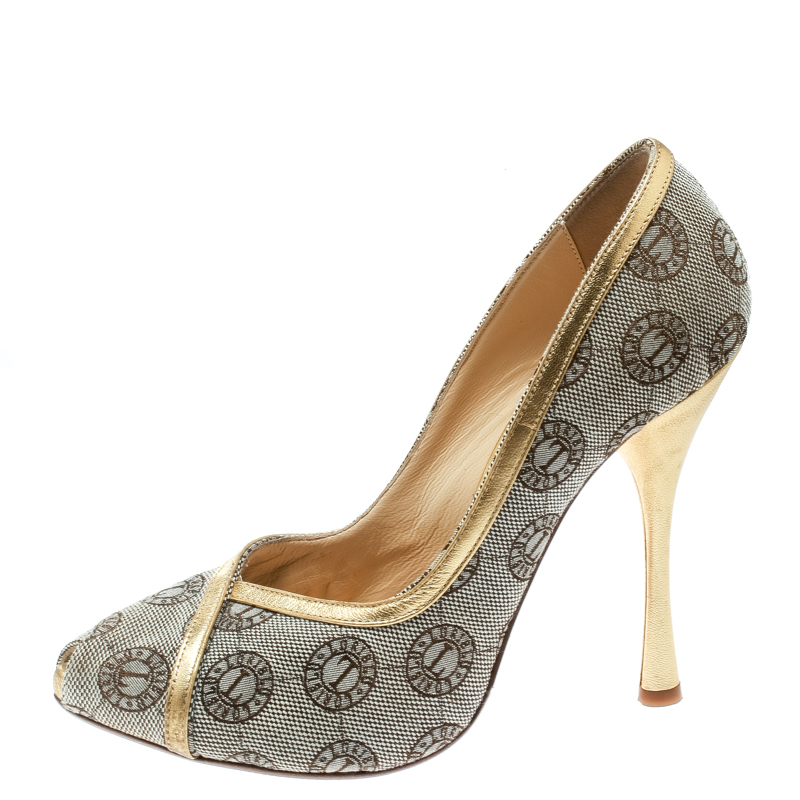 

Loriblu Beige Canvas Monogram Peep Toe Pumps Size