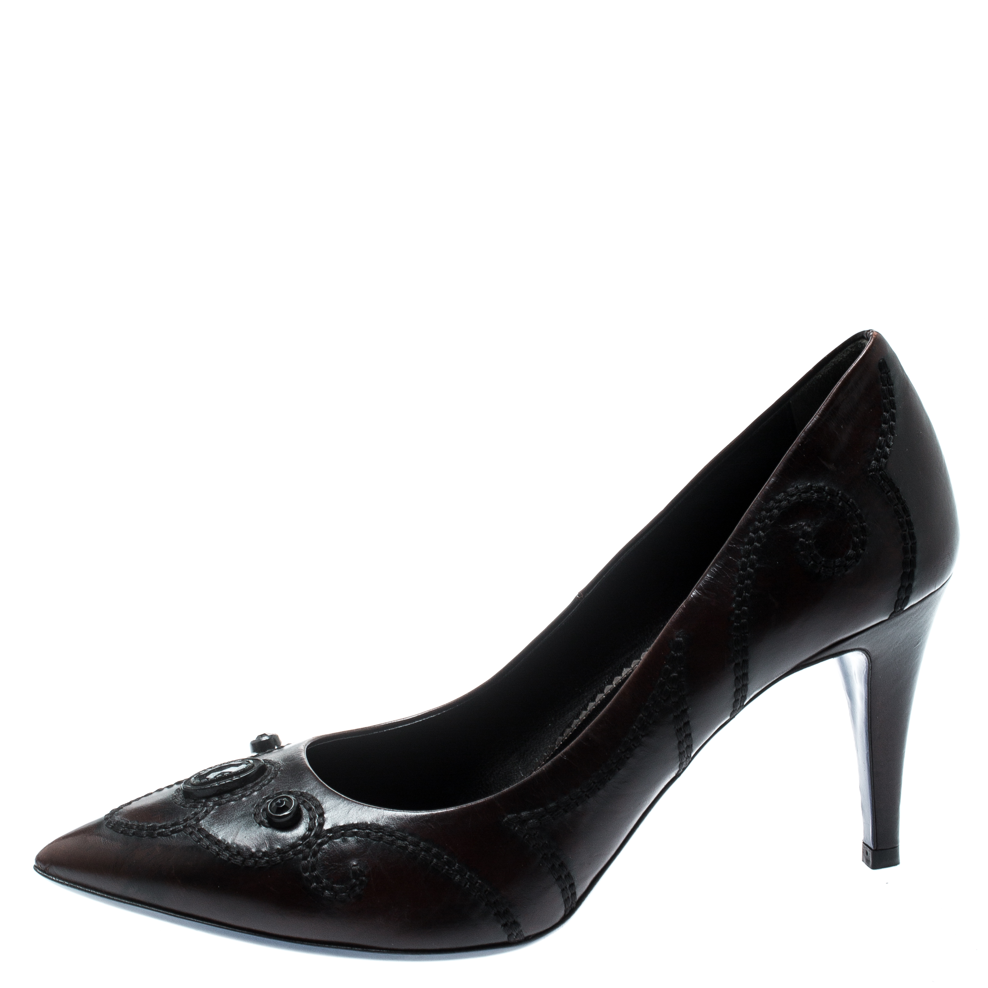 

Loriblu Brown Leather Stitch Detail Crystal Embellished Pointed Toe Pumps Size