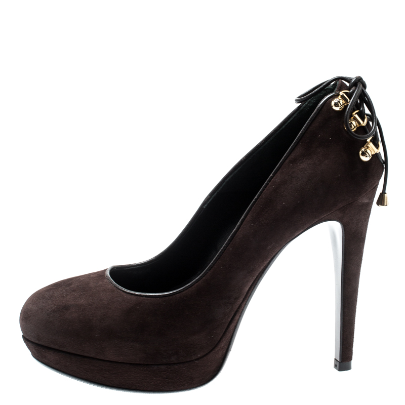 

Loriblu Brown Suede/Leather Trim Embellished Platform Pumps Size
