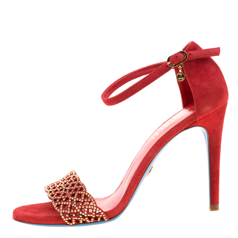 

Loriblu Red Suede Studded Cut Out Ankle Strap Sandals Size