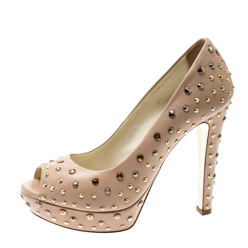 

Loriblu Beige Leather Stud Embellished Peep Toe Platform Pumps Size