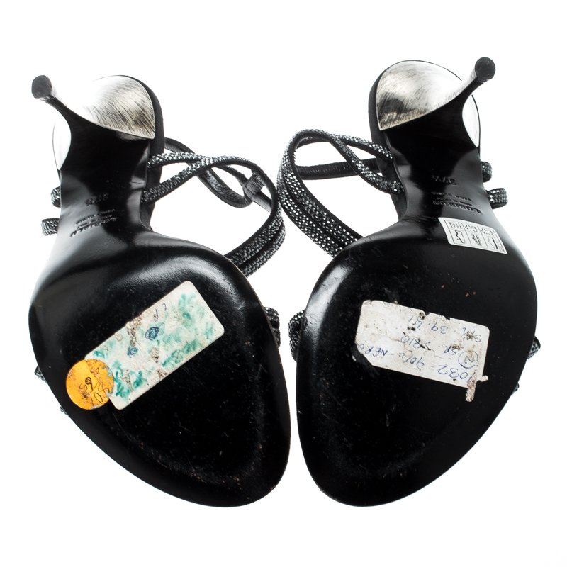 Pre-owned Loriblu Black Satin Crystal Embellished Strappy Sandals Size 37.5