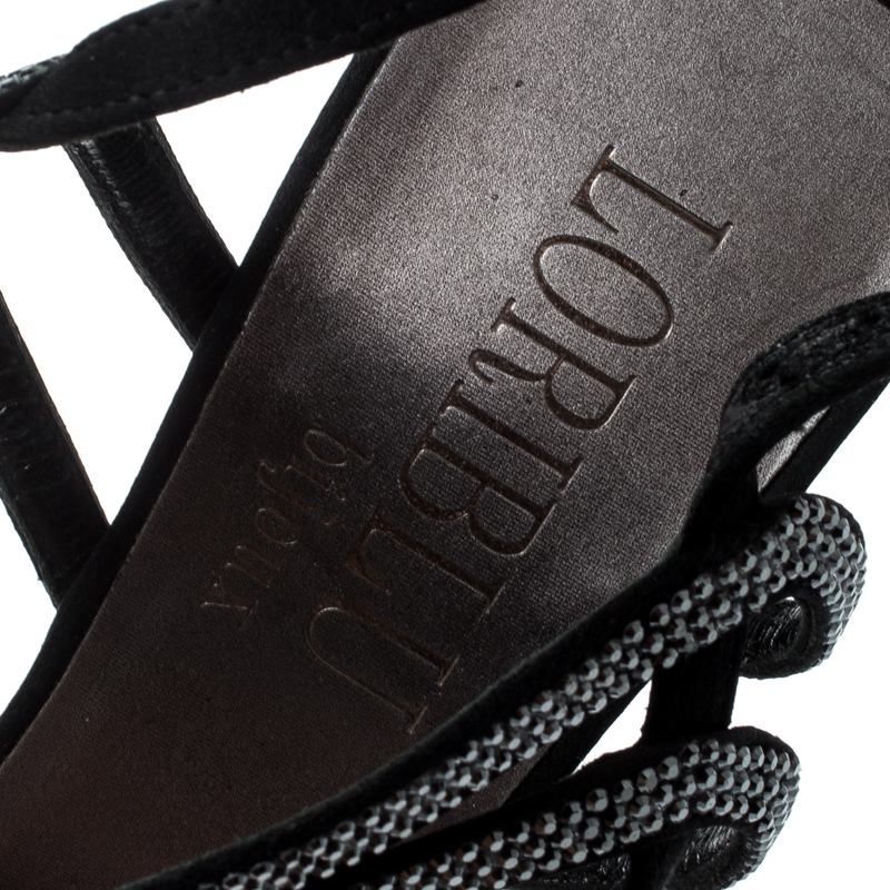 Pre-owned Loriblu Black Satin Crystal Embellished Strappy Sandals Size 37.5