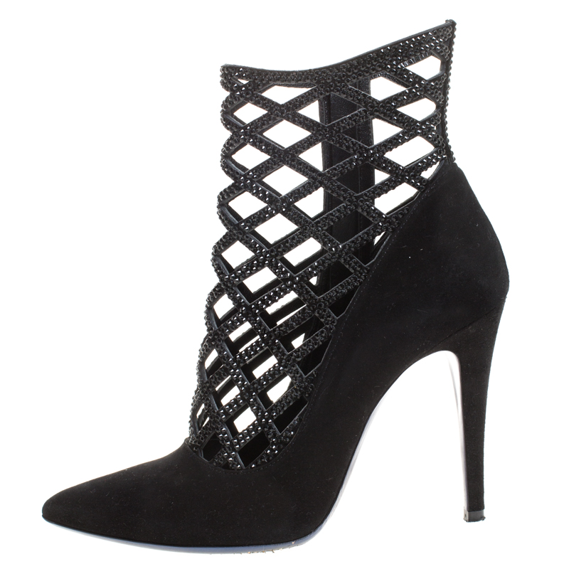 

Loriblu Black Cutout Suede Crystal Embellished Pointed Toe Ankle Boots Size