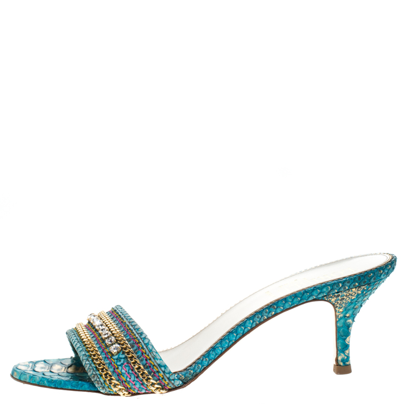 

Loriblu Two Tone Blue Python Leather Crystal And Chain Embellished Slide Mules Size
