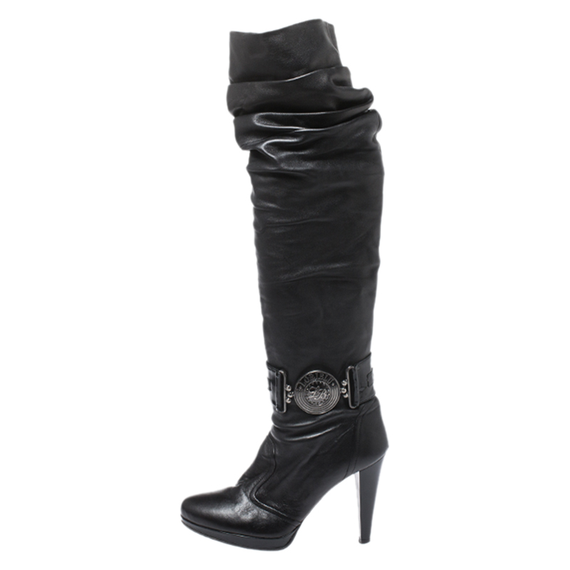 

Loriblu Black Leather Pleat Detail Platform Knee Length Boots Size