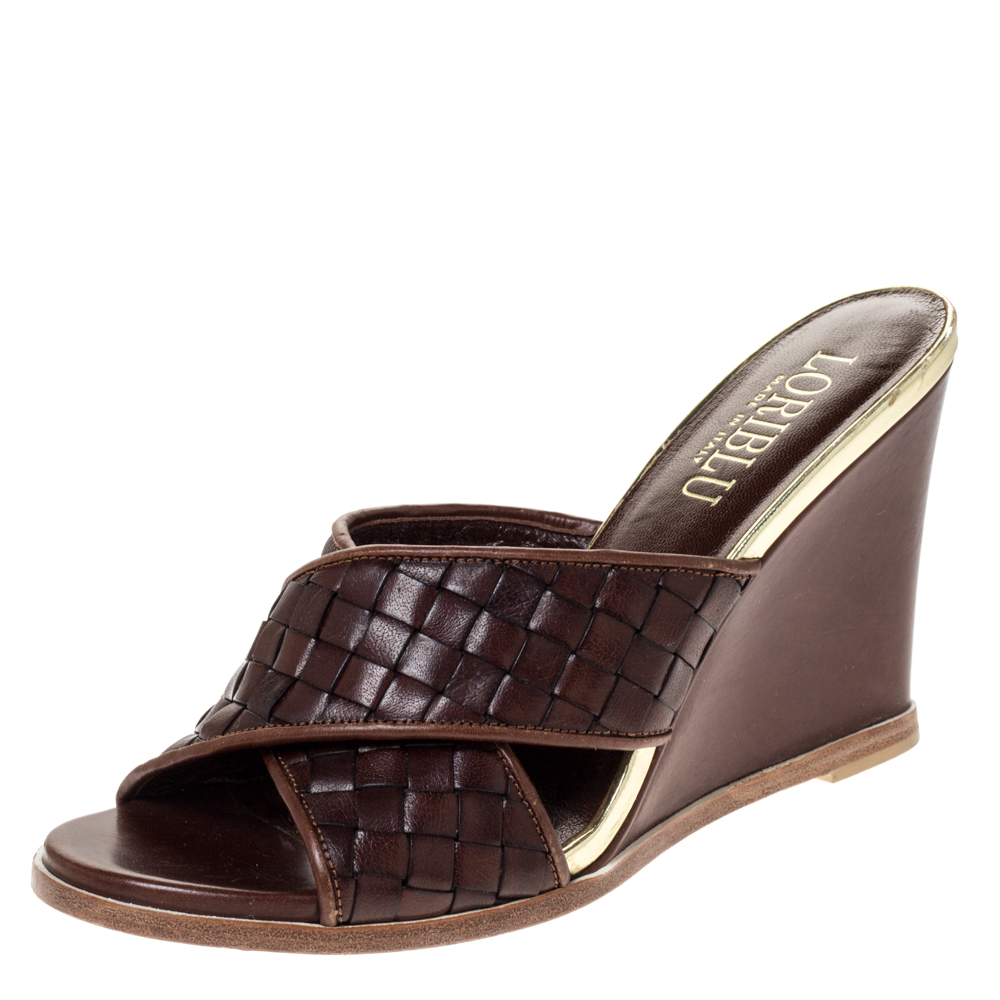 

Loriblu Brown/Gold Woven Criss Cross Leather Wedge Sandals Size