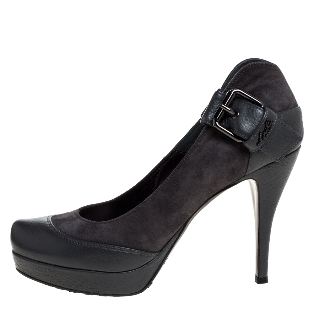 

Loriblu Dark Grey Suede and Leather Buckle Detail Platform Pumps Size