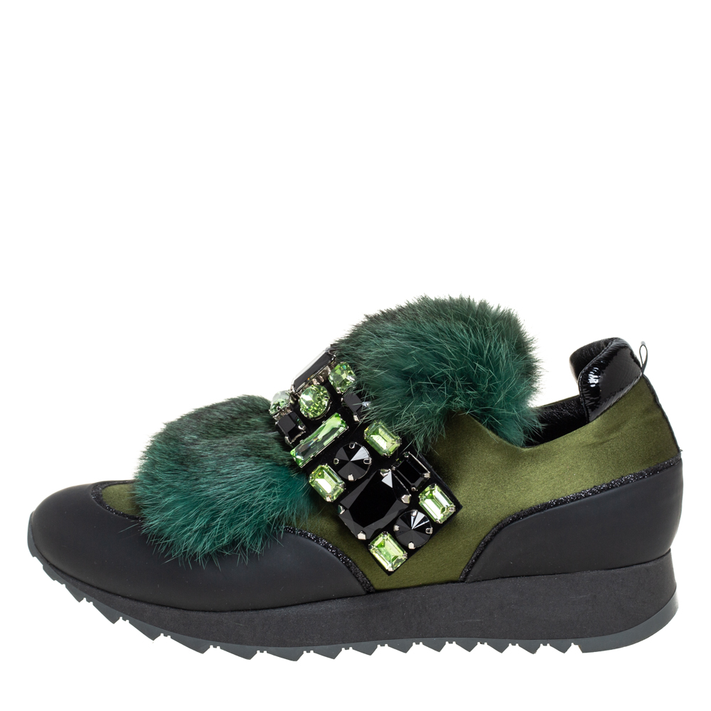 

Loriblu Green/Black Satin And Fur Crystal Embellished Sneakers Size