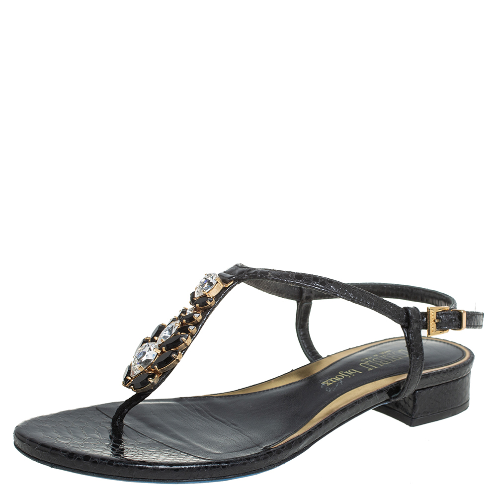 Pre-owned Loriblu Black Python Embossed Leather Crystal Embellished Flat Sandals Size 36