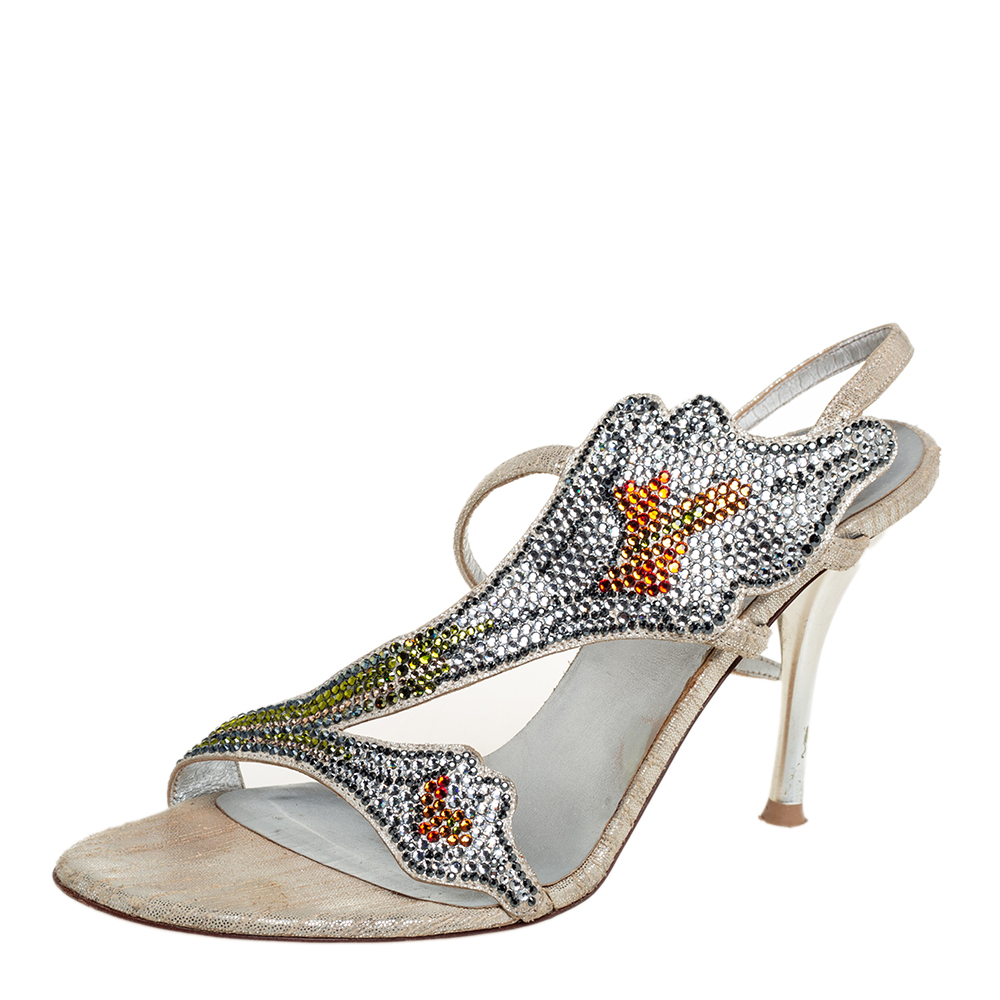 

Loriblu Silver Fabric Crystal Embellished Sandals Size