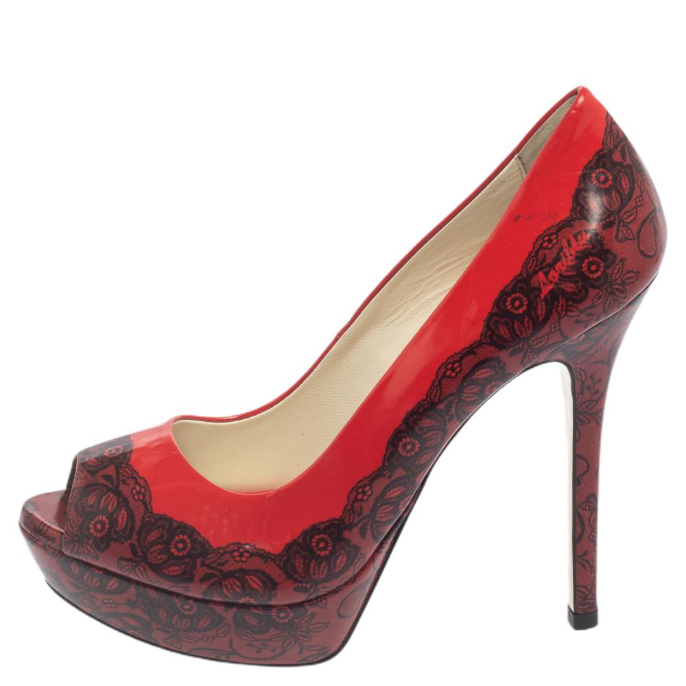

Loriblu Red/Black Print Leather Peep Toe Platform Pumps Size