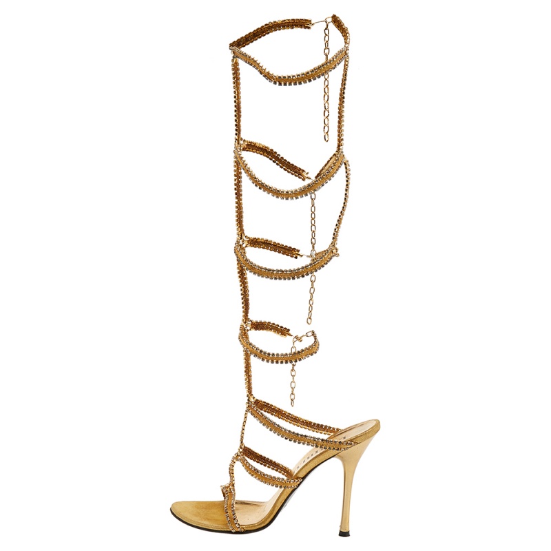 

Loriblu Gold Tone Metal Crystal Embellished Strappy Gladiator Knee Length Sandals Size