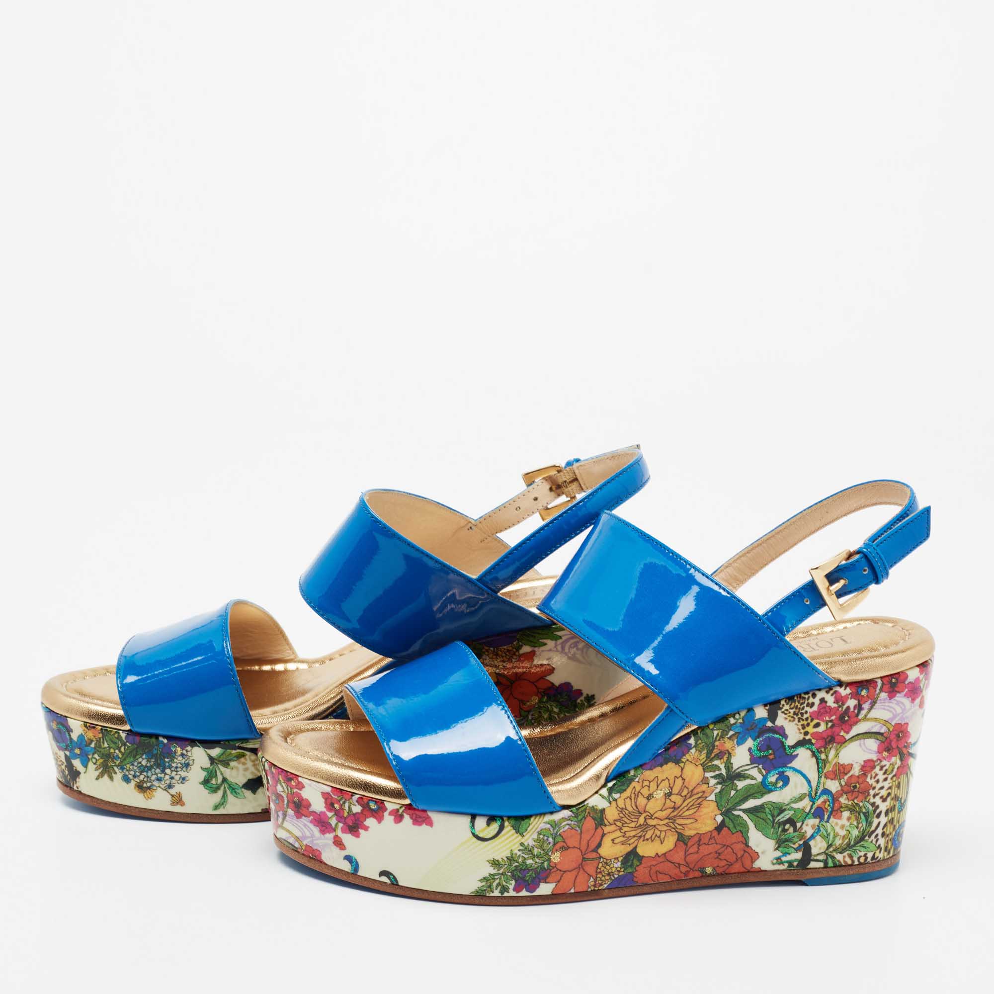 

Loriblu Blue Patent Leather Floral Printed Wedge Platform Slingback Sandals Size