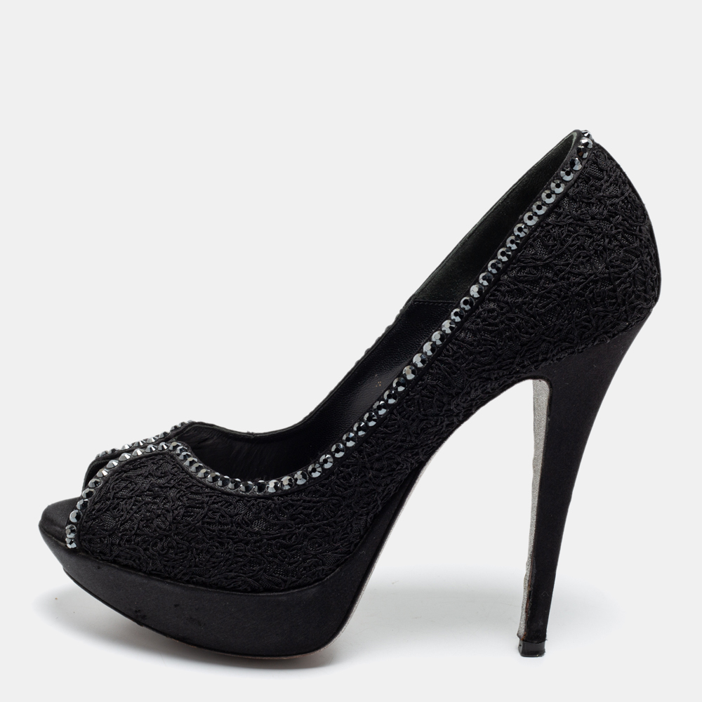 

Loriblu Black Lace and Mesh Crystal Embellished Peep-Toe Pumps Size