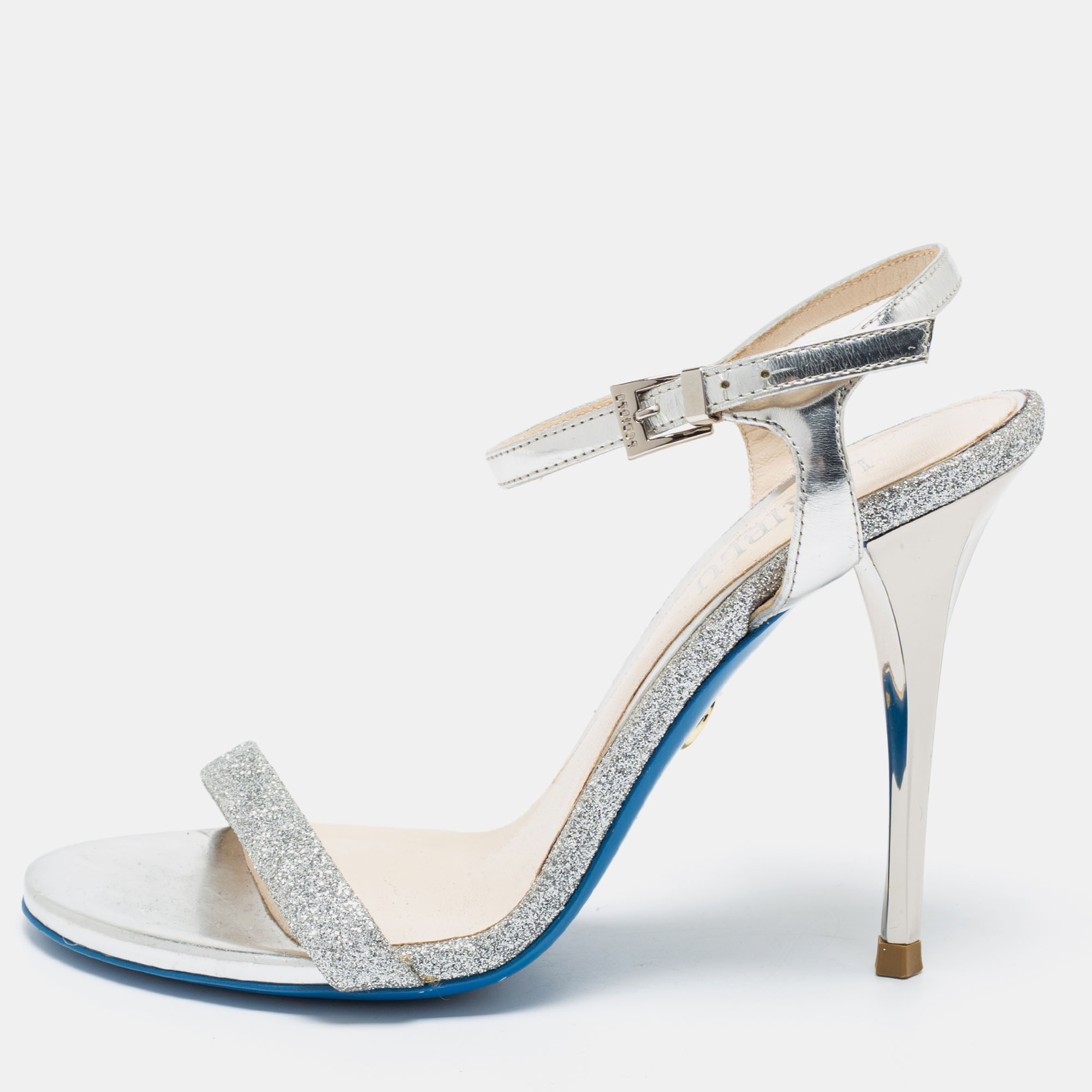 Pre-owned Loriblu Metallic Silver Patent Leather And Glitter Ankle Strap Sandals Size 36