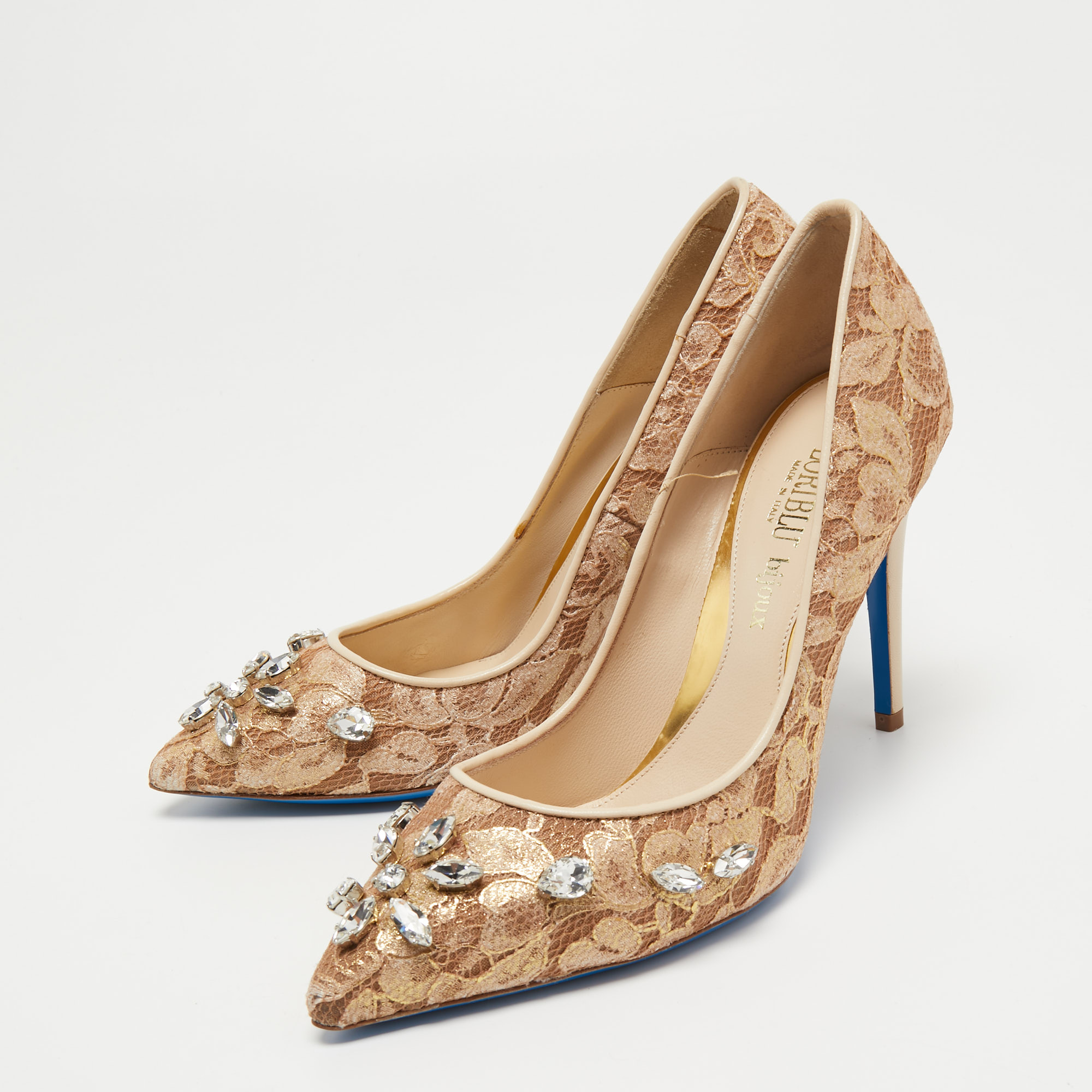 

Loriblu Bijoux Beige Lace Crystal Embellished Pointed Toe Pumps Size