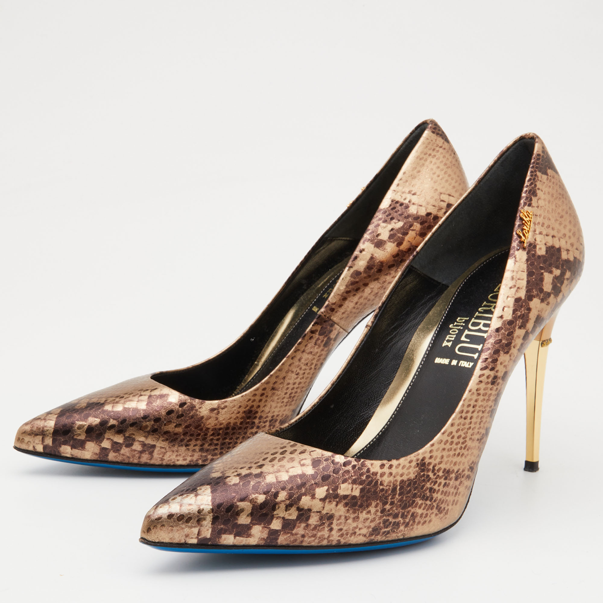 

Loriblu Bijoux Brown/Gold Python Embossed Leather Pointed Toe Pumps Size