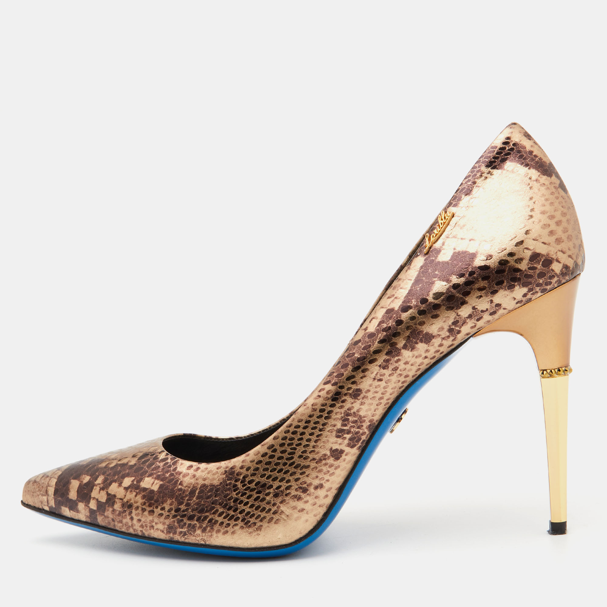 Pre-owned Loriblu Bijoux Brown/gold Python Embossed Leather Pointed Toe Pumps Size 41