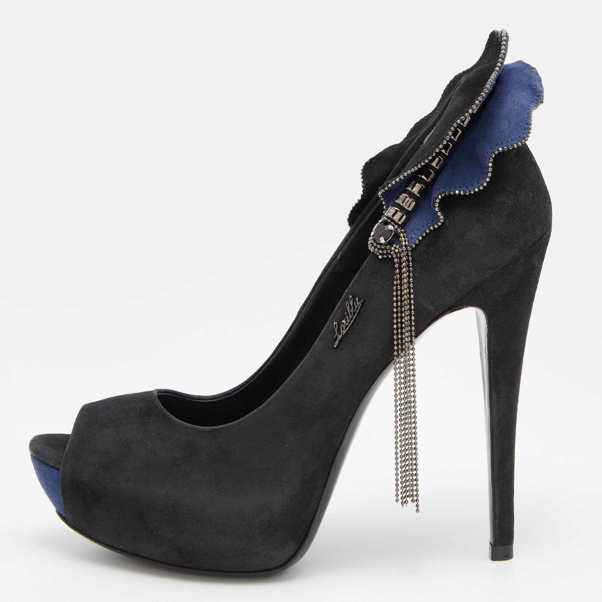 Pre-owned Loriblu Black/blue Suede Embellished Peep Toe Pumps Size 37
