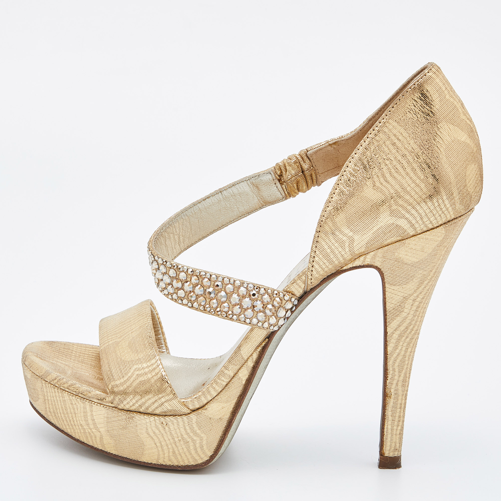 

Loriblu Gold Lurex Fabric Crystal Embellished Open Toe Platform Sandals Size