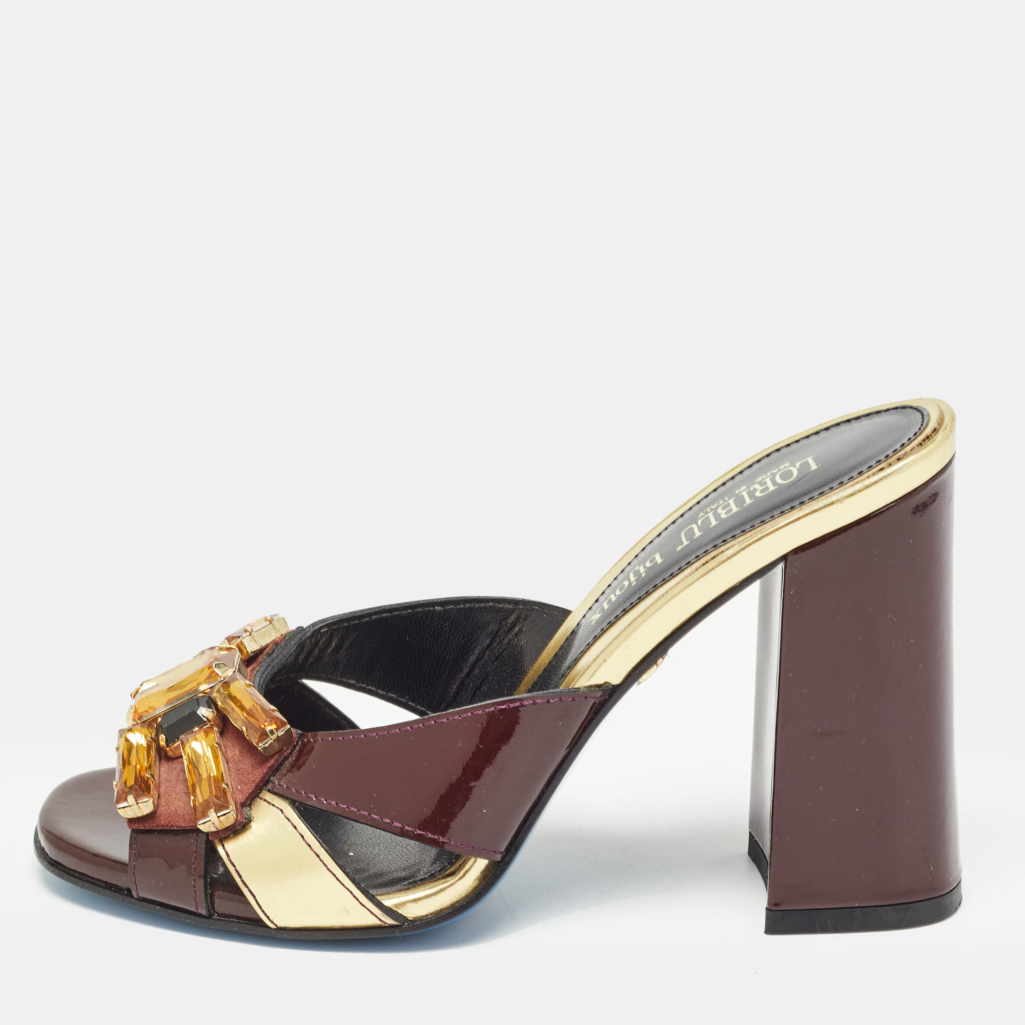 

Loriblu Dark Brown/Gold Patent and Leather Crystal Embellished Slide Sandals Size