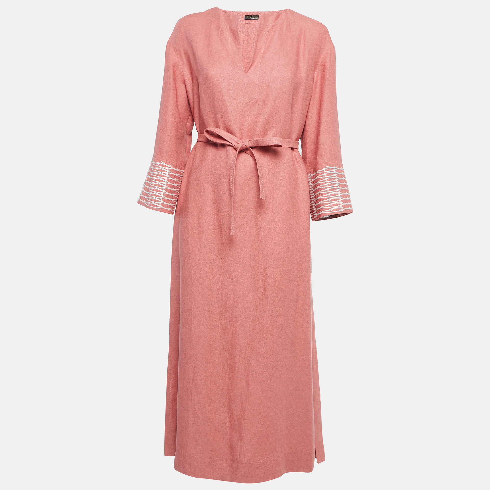 Pre Owned Loro Piana Pink Embroidered Linen Tunic Dress M