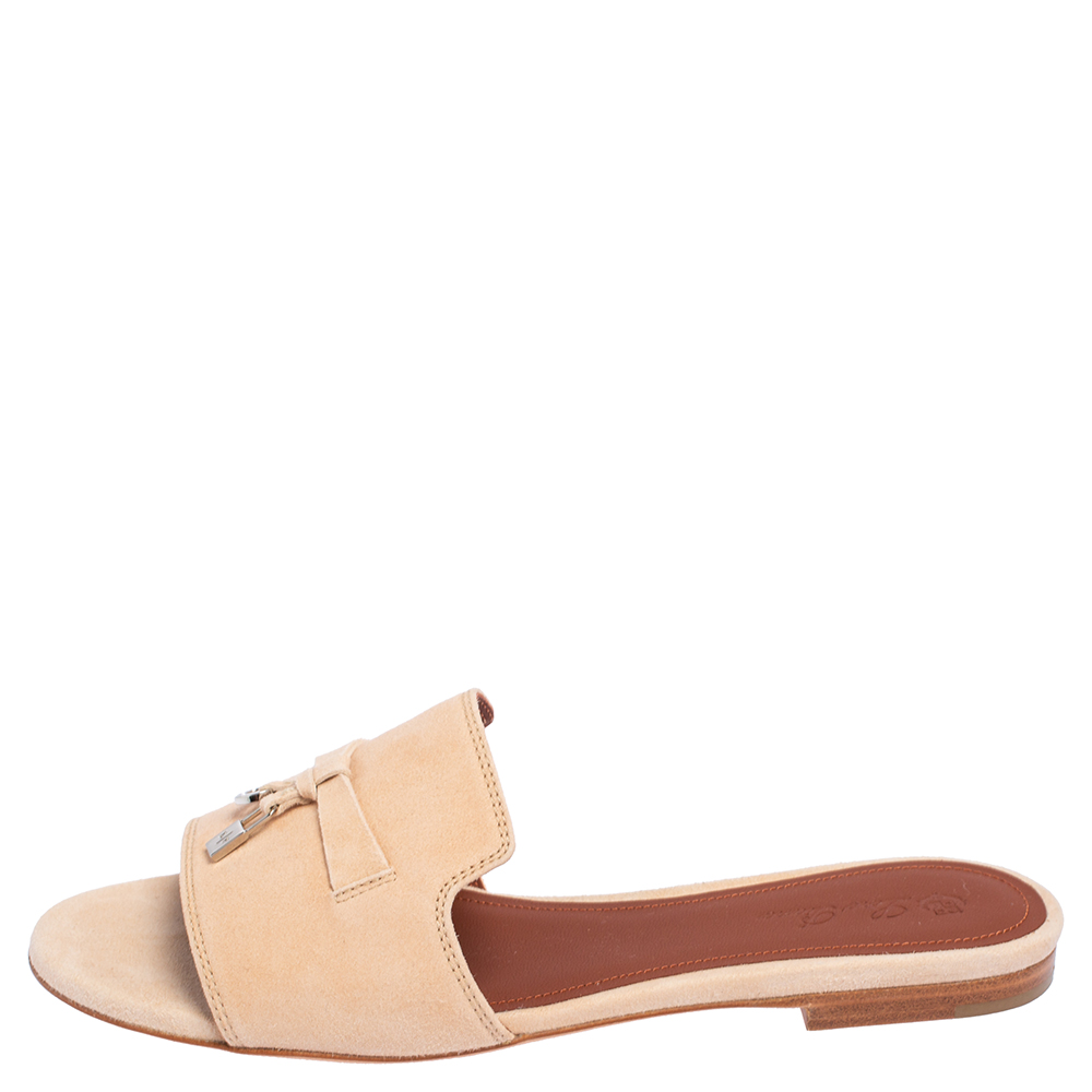 

Loro Piana Sand Pink Suede Summer Charms Flat Slide Sandals Size