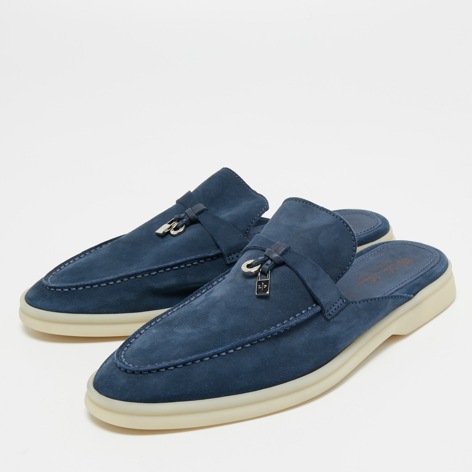 

Loro Piana Blue Suede Summer Charms Walk Flat Mules Size