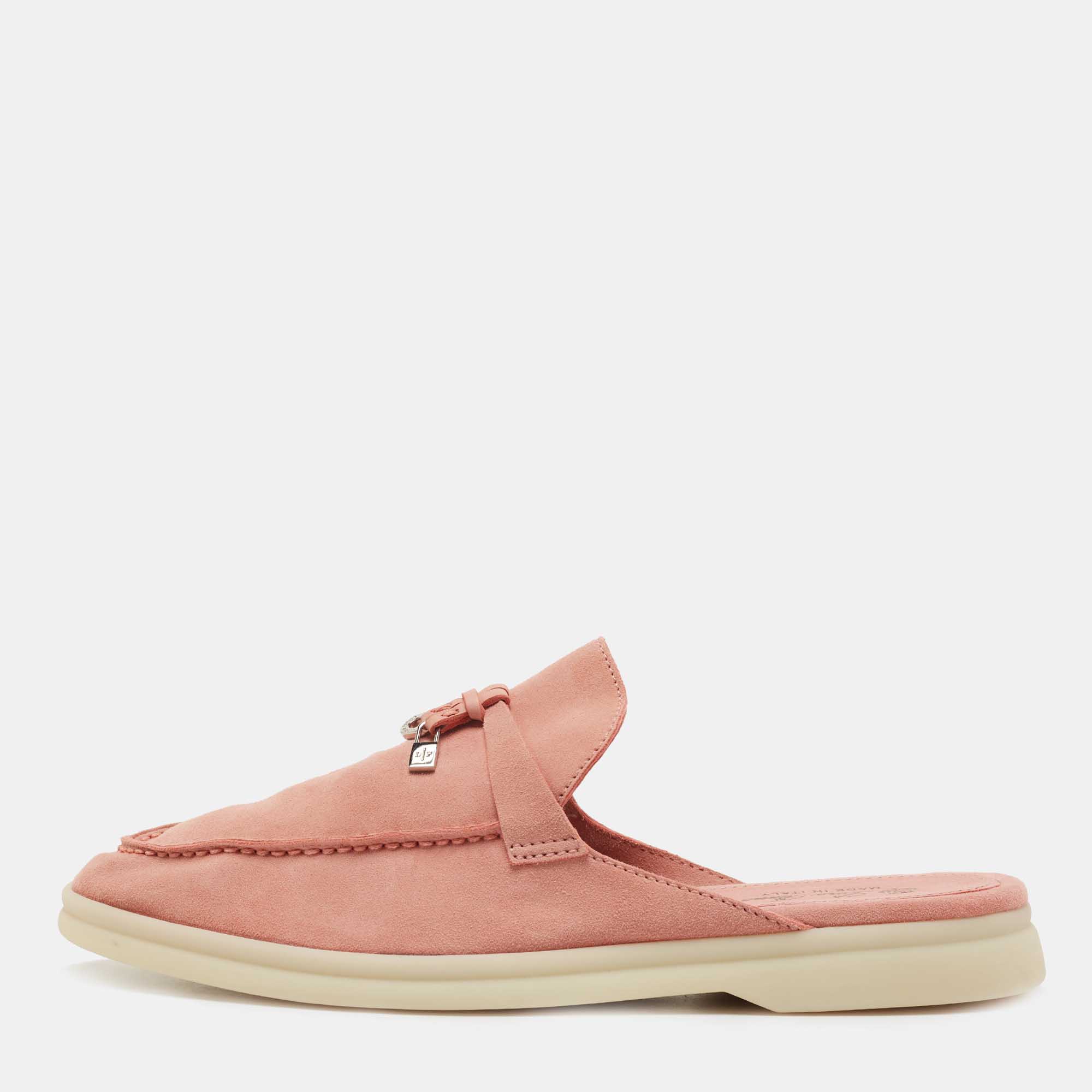 Pre Owned Loro Piana Pink Suede Babouche Charms Walk Flat Mules Size 38.5